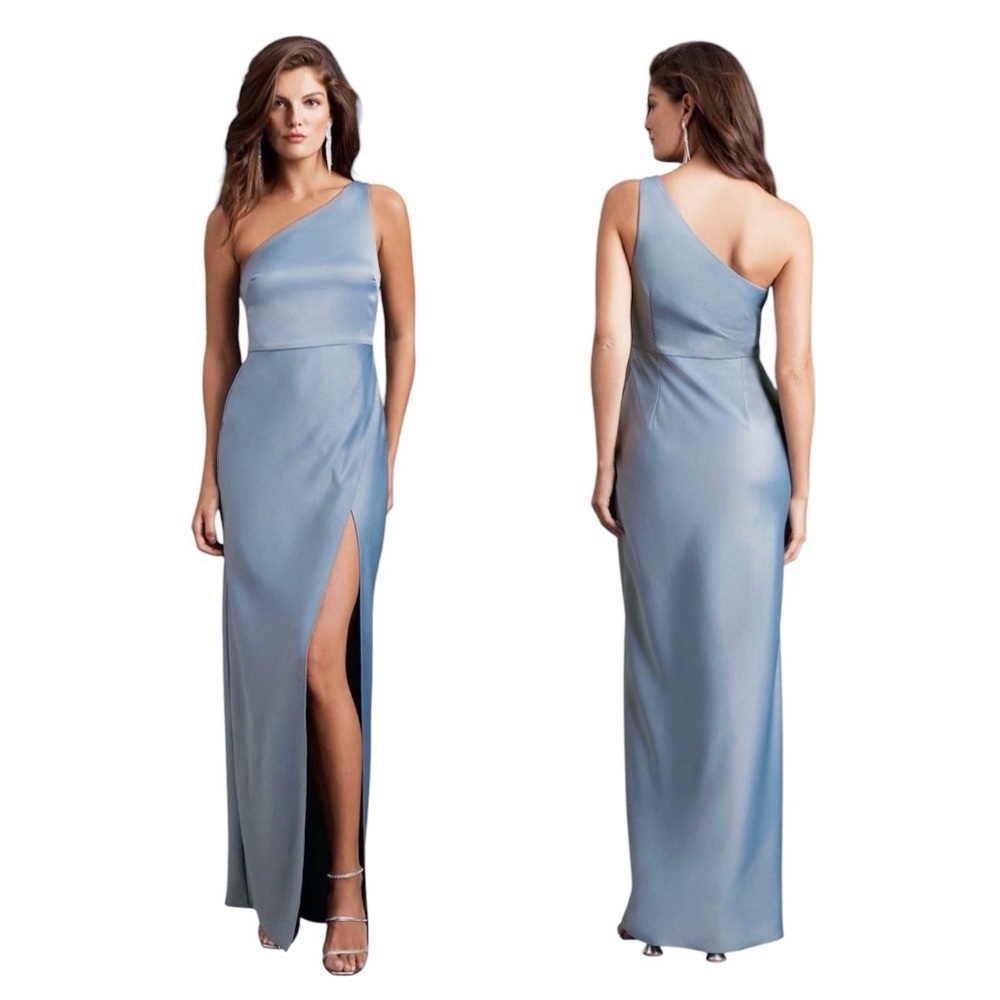 BHLDN Anthropologie Dylan One-Shoulder Satin Side Slit Gown Dress Dusty Blue 6
